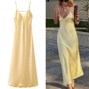 Robe Longue Satinée Jaune Femme