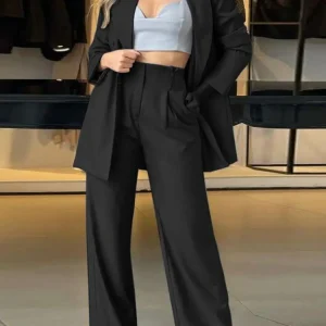 Blazer à Manches Longues et Pantalon Large Taille Haute